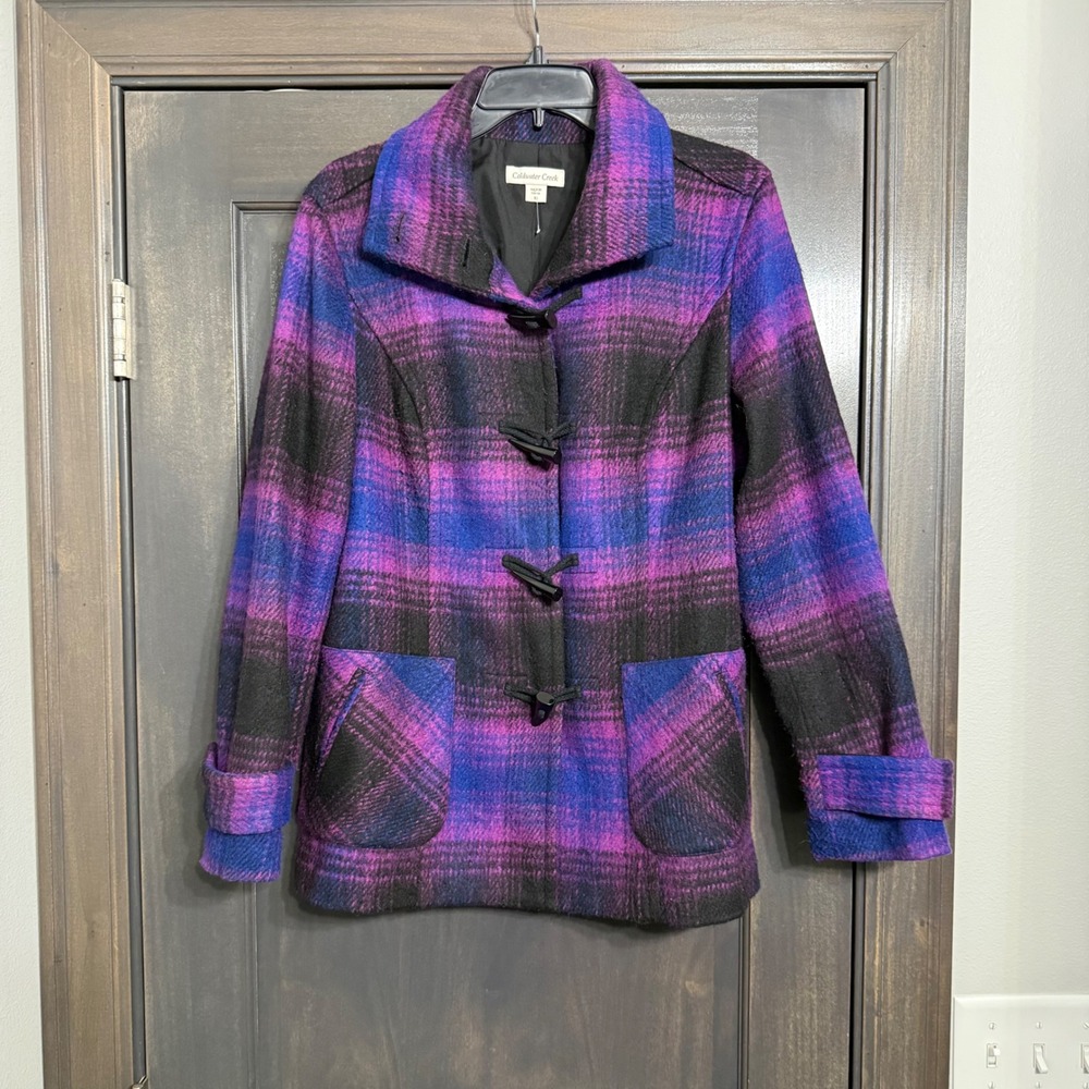 Coldwater Creek Purple Plaid Wool Blend Toggle Coat Jacket Womens 10 4016434